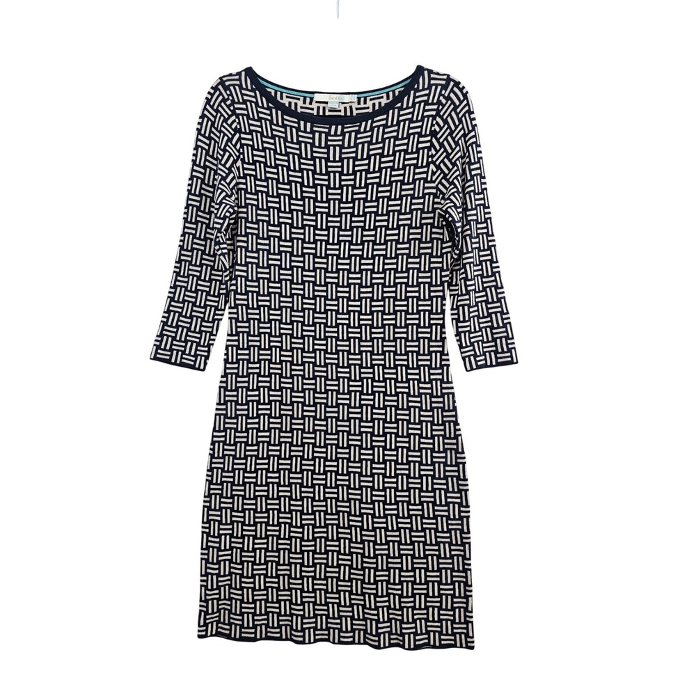 Boden Knit Sheath Dress Womens 6 Navy Blue Cream Geometric 3/4 Sleeve Cotton Mix